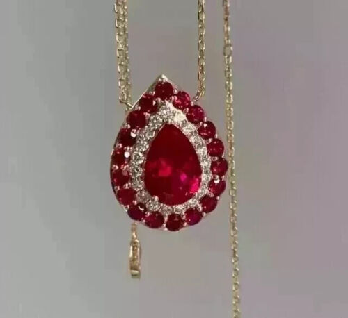 Lab-Created Red Ruby 3Ct Pear Cut Halo Pendant 14K Yellow Gold Plated 18"Chain