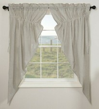 Denim Blue Seersucker Stripe Prairie Curtains w/ Drawstrings Farmhouse Hatteras