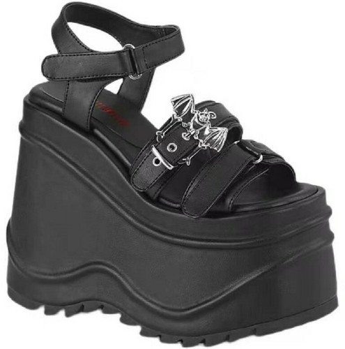 Women Black Punk Rock Wedge Heels Buckle Strap Platform Sandals Party Club Shoes - Picture 5 of 9