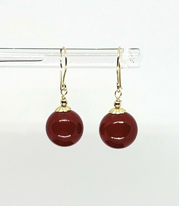 14k Yellow Gold Genuine Red Coral Drop Dangle Earrings