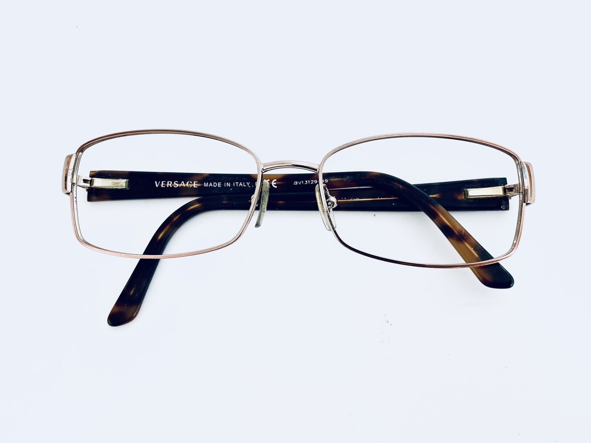 Versace Gold Metal Rim Rectangular Glasses w Tortoise Temple 