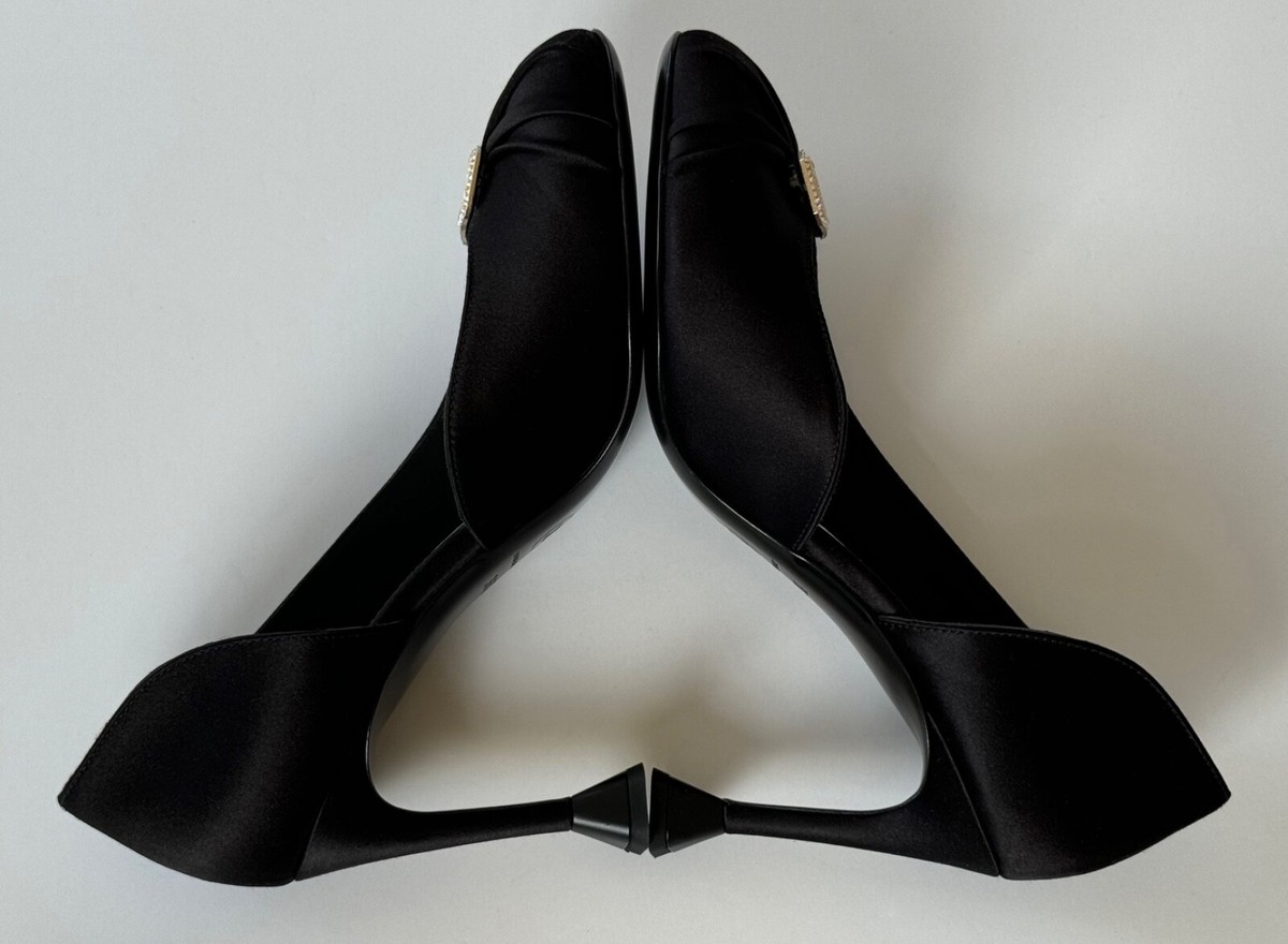 NIB 23C CHANEL BLACK SATIN D'ORSAY CRYSTAL RUNWAY HIGH HEEL PUMPS