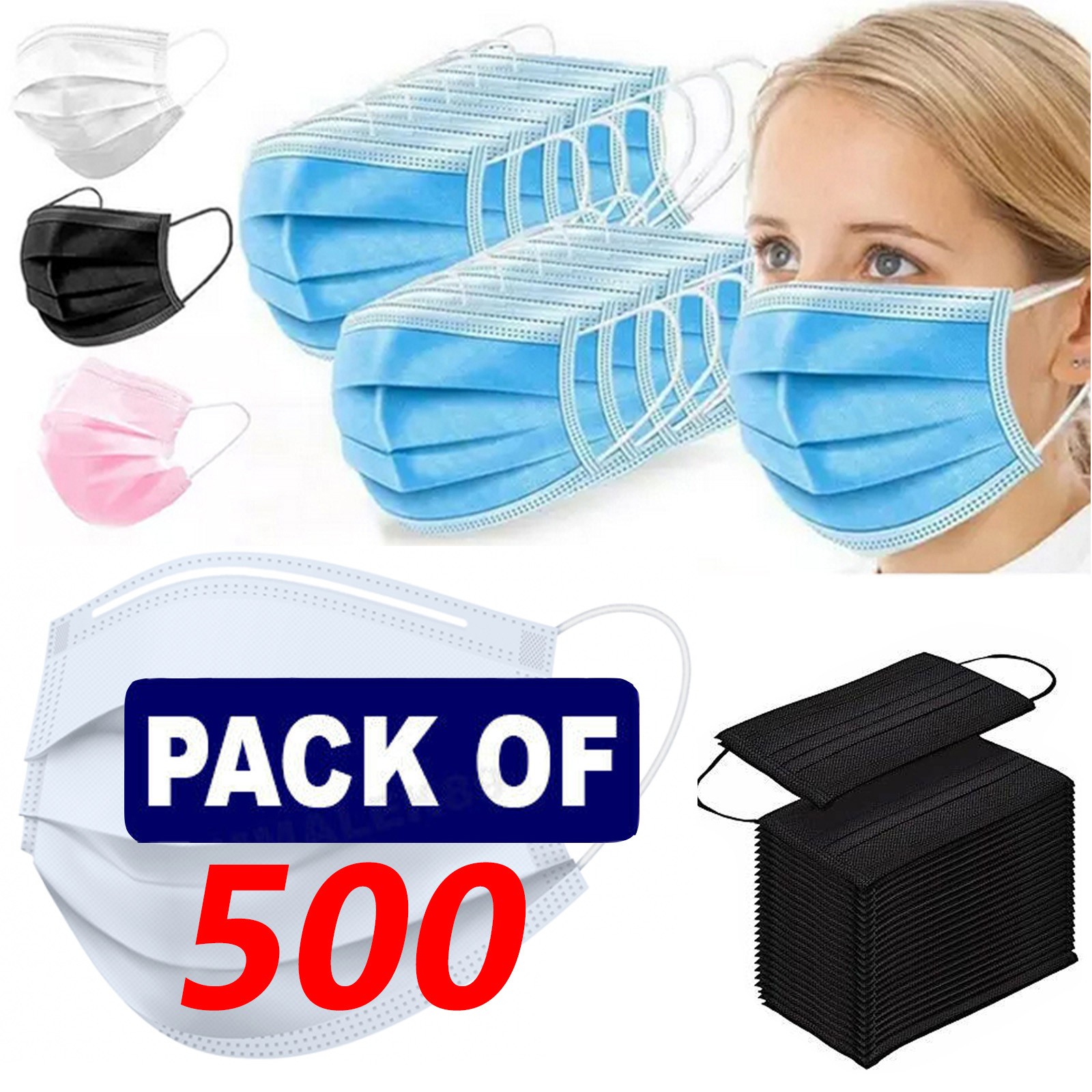500 x Mascarillas faciales desechables de 3 capas Máscara quirúrgica dental no médica Cubierta contra la gripe
