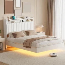 Full Size Floating Bed Frame LED Light Upholstered Platform Headboard Storage