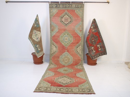 Vintage Hand Knotted Wide Runner Rug Red Blue Geometric Tribal Oushak 3x11 ft