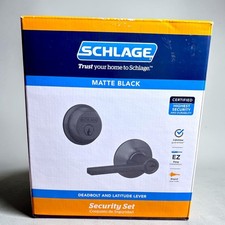 Schlage Matte Black Entry Door Lock Deadbolt Latitude Lever Open Box New