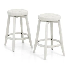 26" Swivel Bar Stool Set of 2 w/ Rubber Wood Frame & Tufted Seat Footrest Beige