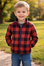 OshKosh B'gosh Boys Fleece Plaid Zip Jacket Red Black Size 6 Polyester