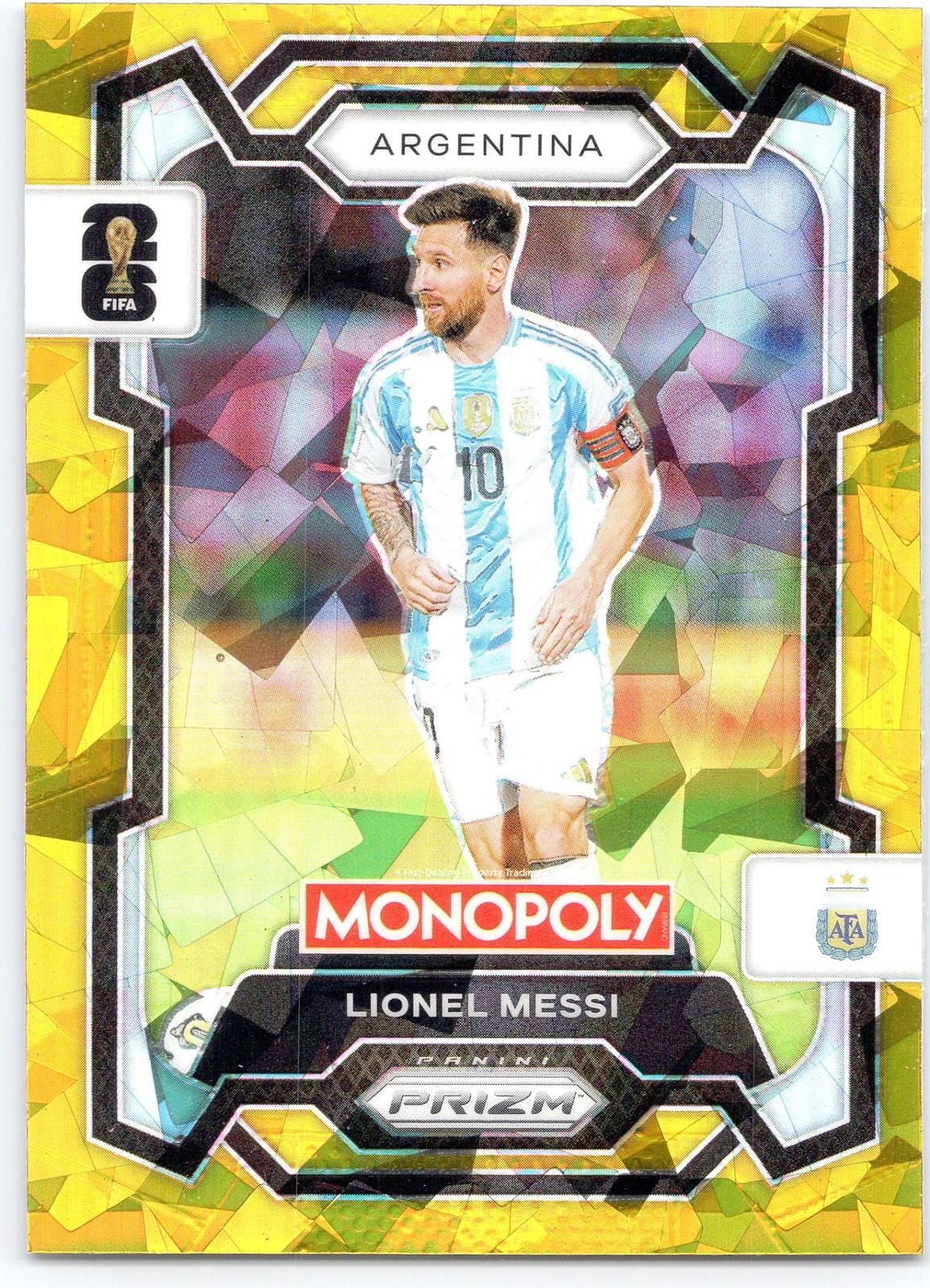 2026 Panini Prizm Monopoly FIFA World Cup #1 Lionel Messi Gold Cracked Ice Prizm view 1