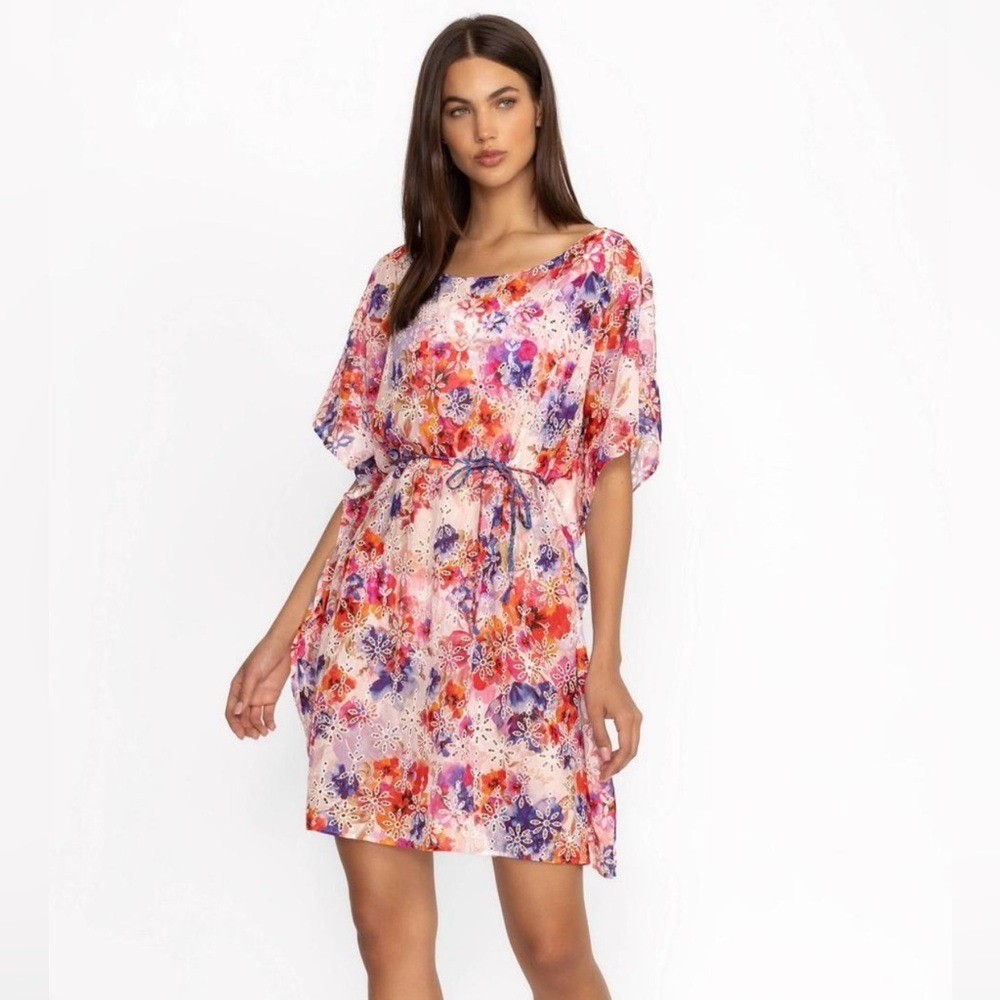 Women's Johnny Was Summer Days Eyelet Mini Dress Small Watercolor Batwing Silk