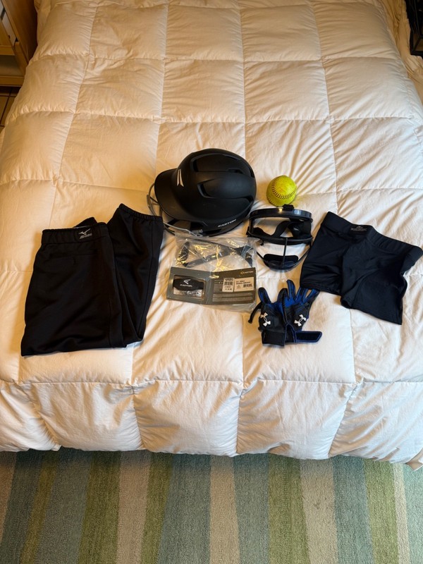 Softball helmet, face mask, gloves, pants, and sliding shorts set