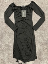 NWT Prettylittlething Black Ribbed Ruched Stretchy Bodycon Mini Dress. UK 10