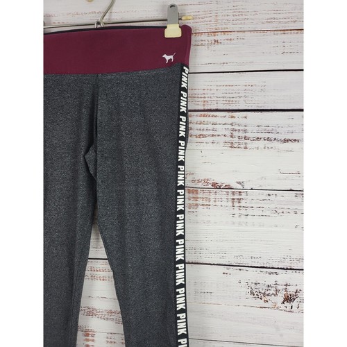 Pink Victoria's Secret Yoga Leggings S Womens Grey Burgundy Logo Pull On - Picture 2 of 6