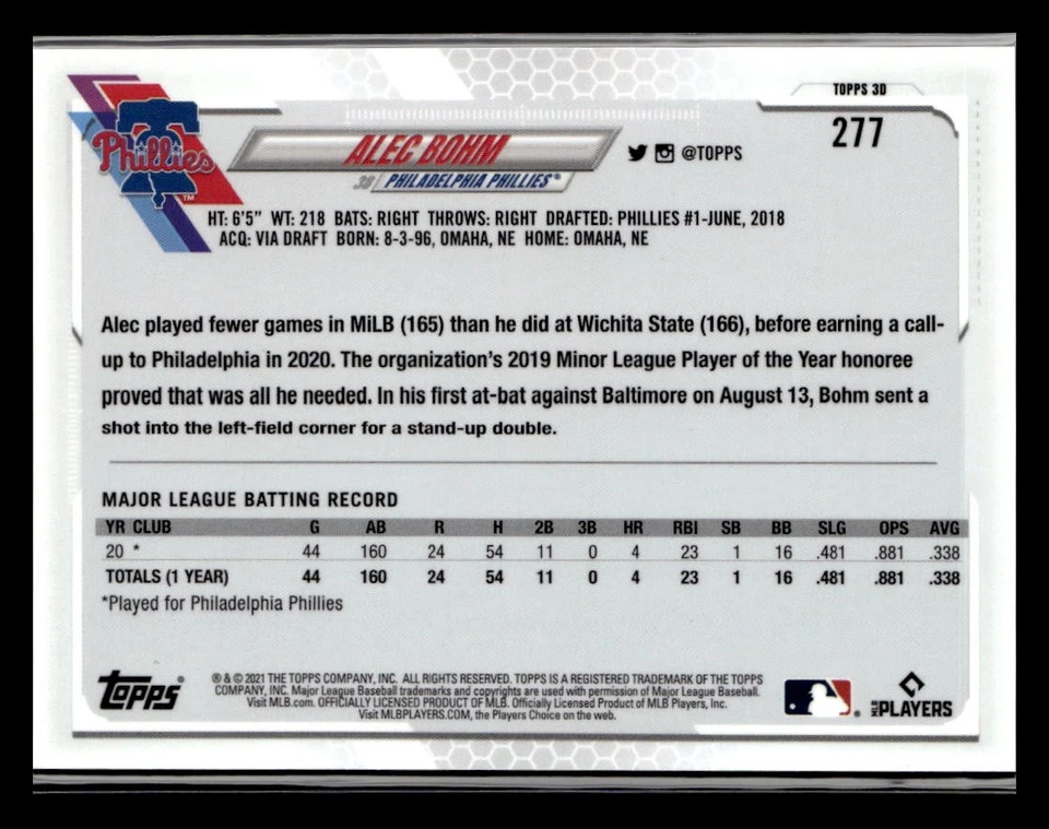 2021 Topps On-Demand Set 6: MLB 3D #277 Alec Bohm - Image 2 of 2