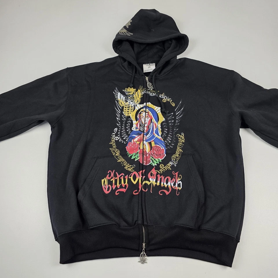 Christian Audigier Sudadera con Capucha Para Hombres XL Negra Cremallera Completa Ciudad de Ángeles Gráfico LA Foto 2 de 4