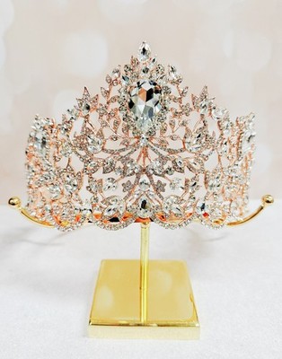 Royal Queen Crown, Rose Gold Tiara, Prom Headpiece, Crystal Bridal Hairpiece
