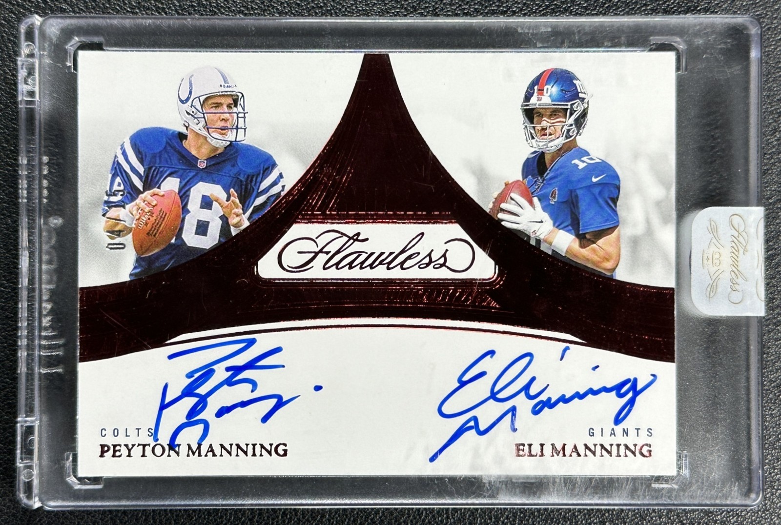 PEYTON MANNING & ELI MANNING 2025 PANINI FLAWLESS DUAL ON CARD AUTO RUBY 4/15