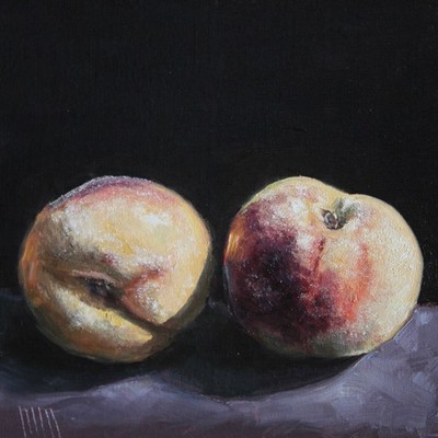 Two Peaches Oil Painting, Fruit Still Life, ORIGINAL Tiny Kitchen Art (6x6in)