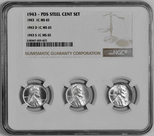1943 P D S 1c Lincoln Steel Wheat Cent Set NGC Graded MS 65 Three Coin Holder