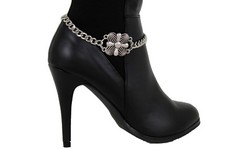 Women Boot Bracelet Strap Silver Metal Chain Cross Charm Western Shoe Filigree