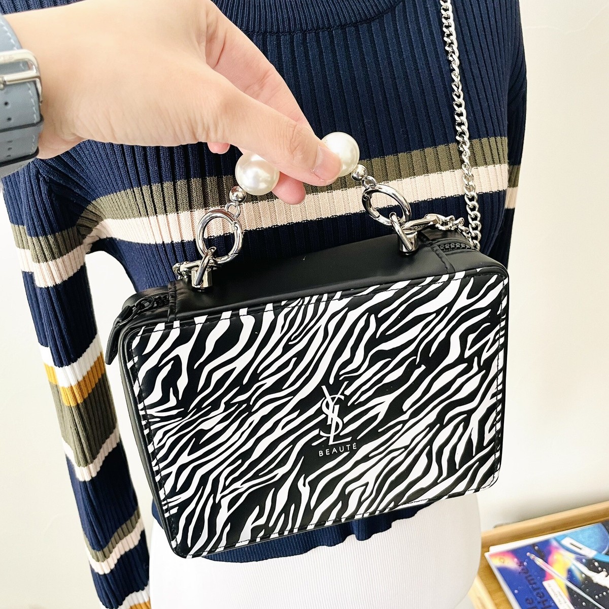 YSLページ② YSL Zebra Vanity Case with Silver Crossbody Chain and Pearl