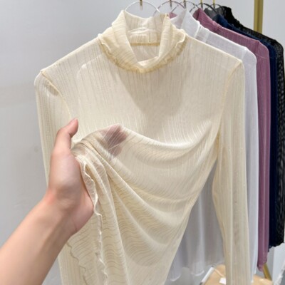 Damen Spitzenshirt Rollkragen Tops glänzend durchsichtig Netz transparent Bluse Pullover