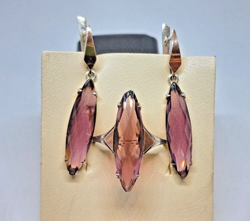 Vintage set ring and earrings 925 silver purple inserts and gold plates 375