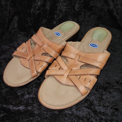 Dr Scholls Sandals Women's Brown Leather Wedge Gel Pac Heel Slides  Shoes