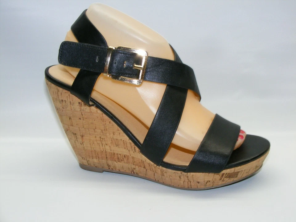 Casa de Muñecas Mujer Negro Plataforma Tacones Cuña 10 M Cuero Correa Zapatos Foto 4 de 4