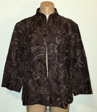 Chicos 2 Large 12-14 Brown Gold Embroidered Linen Open Front Jacket Blazer
