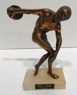 DISCUS THROWER BRONZE METAL STATUE ON STONE BASE 1960's VINTAGE MADE OF MURONOS 
