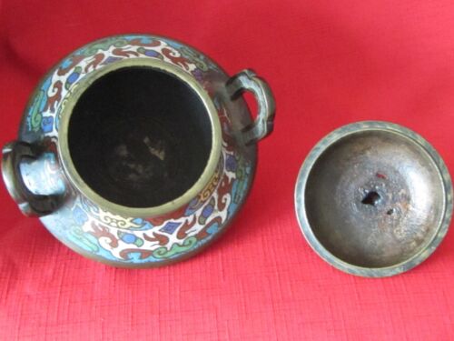 Antique Japanese Bronze Cloisonne Footed Censer Incense Burner With Foo Dog Lid - Picture 6 of 11