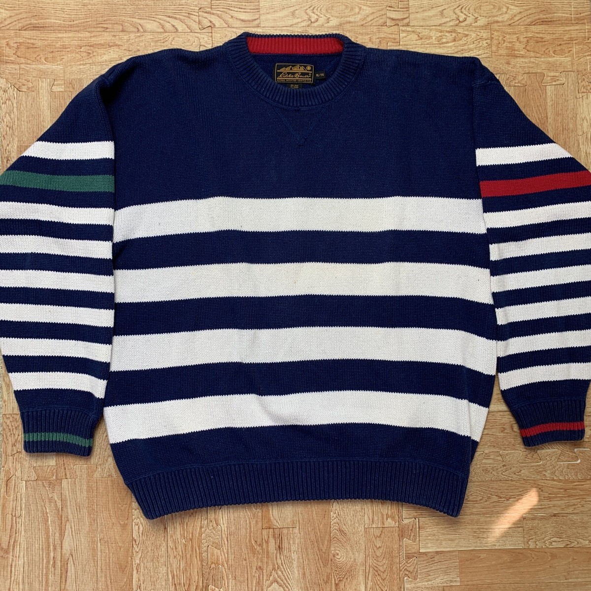 トップス 90s Eddie Bauer wool knit NAVY VTG Eddie Bauer XL Striped Sweater Blue White Red Green Knit