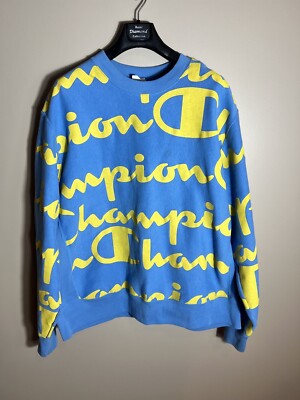 Champion Men s Reverse Weave Yellow All Over Logo Light Blue Seatshirt Size XXL