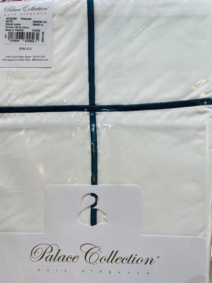 Funda nórdica Yves Delorme tamaño Queen blanca con 1 fila bordado verde pavo real Foto 3 de 3