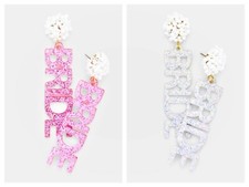 EARRINGS BRIDE Glittered Message Dangle Earrings WHITE OR PINK