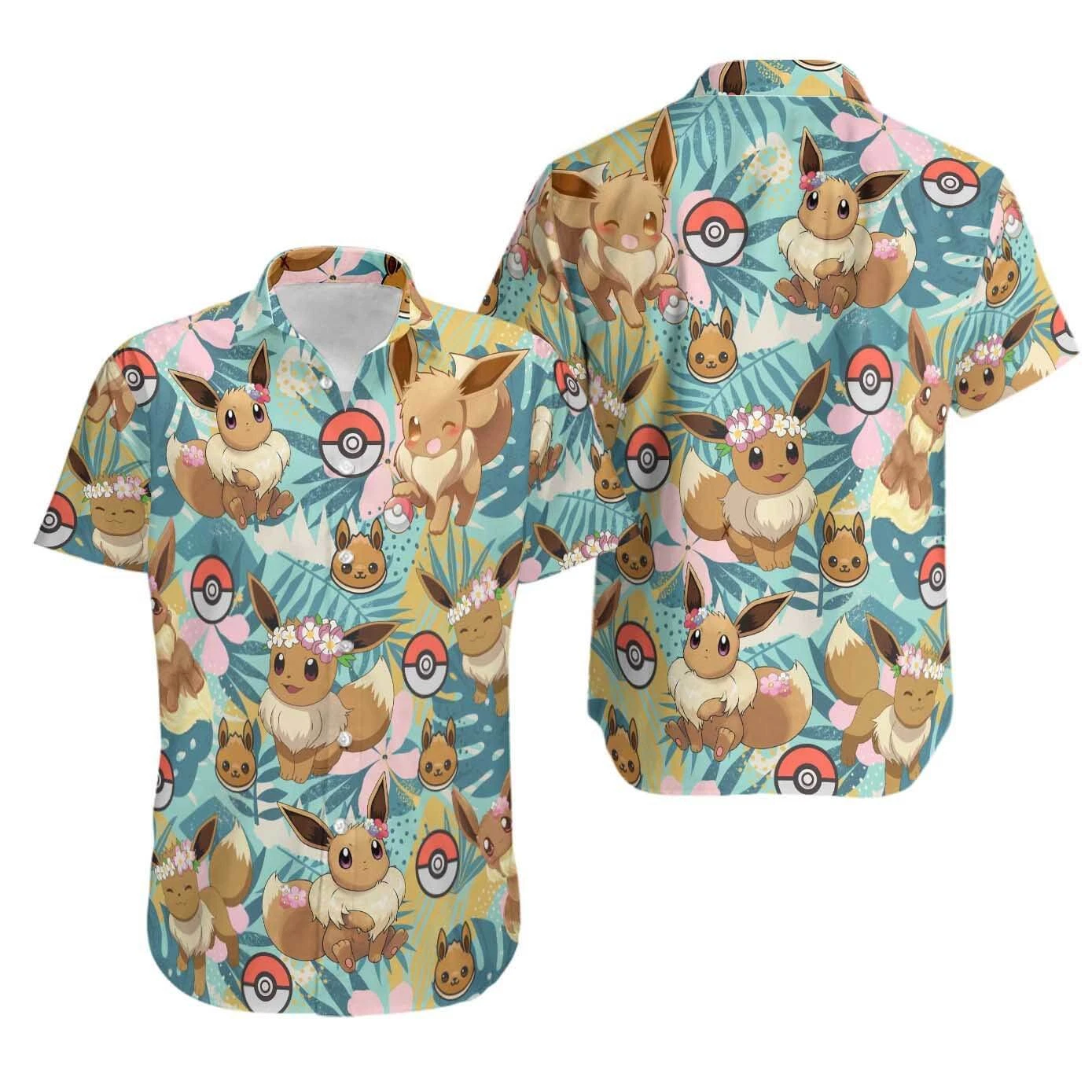 Eevee Hawaiian Shirt, Pokem0n Button Up Shirt, Eevee Holiday Shirt Aloha Anime