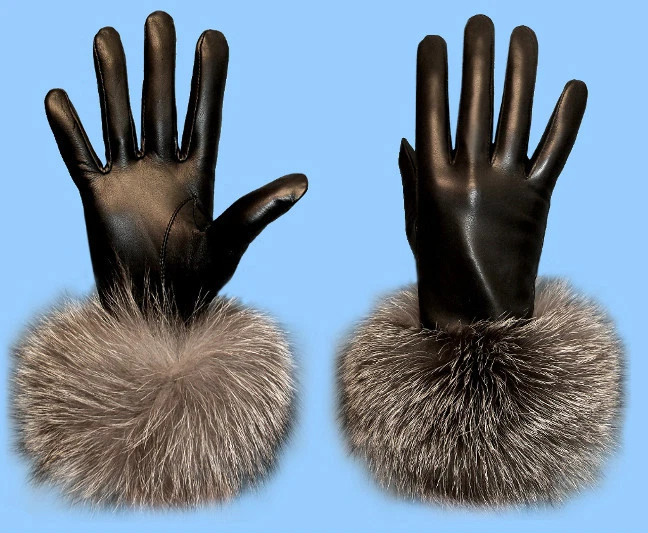 NEW WOMENS size 7 or Med GENUINE LAMBSKIN LEATHER GLOVES w/ SILVER FOX FUR TRIM
