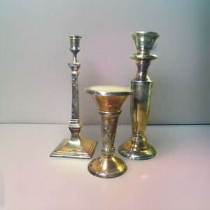 Vintage Silverplate Candlesticks 3 Piece Set Silver Over Brass Wedding