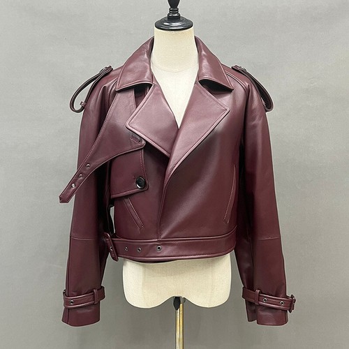 Lady Cropped Real Leather Jacket Motorcycles Fashion Zipper Solid Short Overcoat - Picture 25 of 48