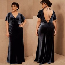 BHLDN Jenny Yoo Ellis blue flutter sleeve velvet maxi dress size 14 bridesmaid