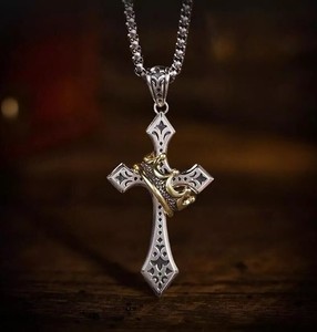 Mens Stainless Steel Cross Necklace with Gold Crown Pendant Christian Jewelry