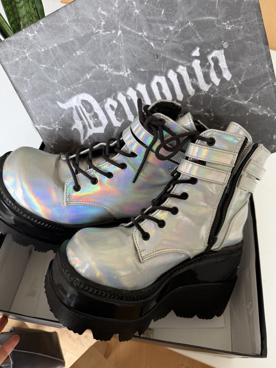 Demonia Shaker 52 Silver Holographic Platform Ankle Boots Size 7