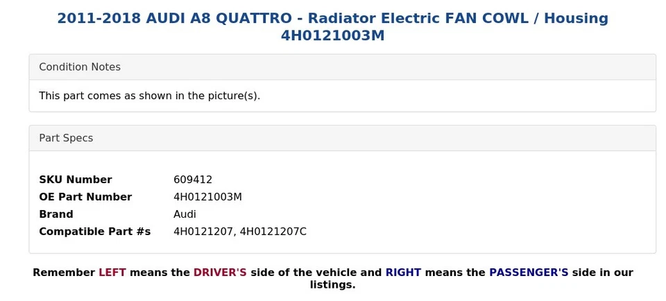 2011-2018 奥迪 A8 QUATTRO - 散热器 电风扇 COWL / 外壳 4H0121003M — 第 3/4 张图片