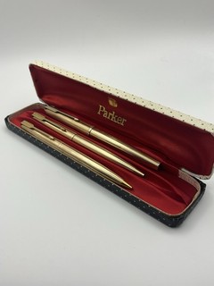 Vintage Parker 61 12ct Rolled Gold Fountain Pen Pencil & Ballpoint Set With Box