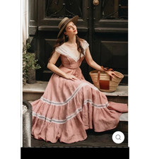 Women s Pink White Square Neck Puff Short Sleeve Maxi Dress Ruffle Lace Trim