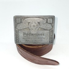 Vintage-Budweiser Pewter Belt Buckle Size 34 Leather Embossed Belt Made in USA