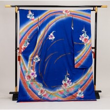 Long Sleeve Navy Blue Kimono with Rainbow Flower Pattern for Weddings Used