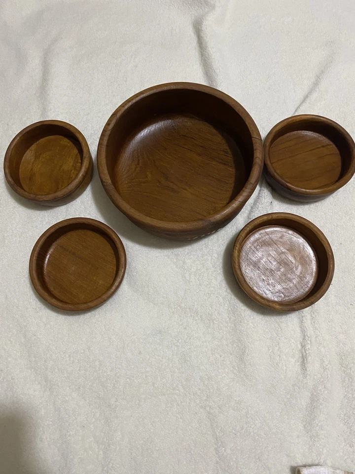 Juego de 5 cuencos de madera marrón para servir de madera natural Foto 2 de 4