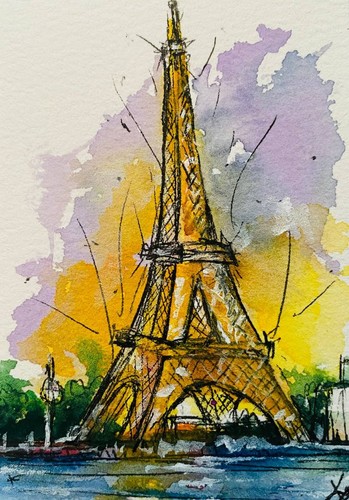 Original Eiffel Tower Paris France Watercolor Painting ACEO Art Landscape OOAK